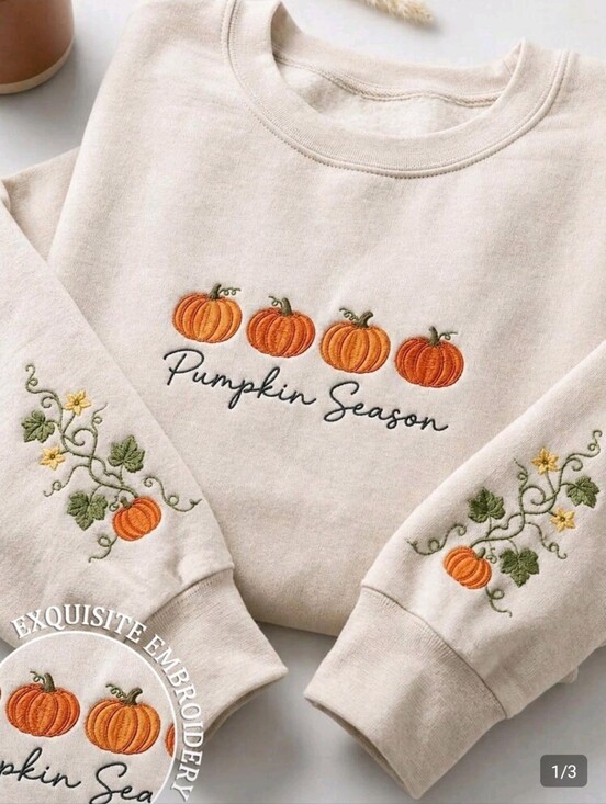 Tops - Pumpkin Season Embroidered Cream Kids Sweatshirt